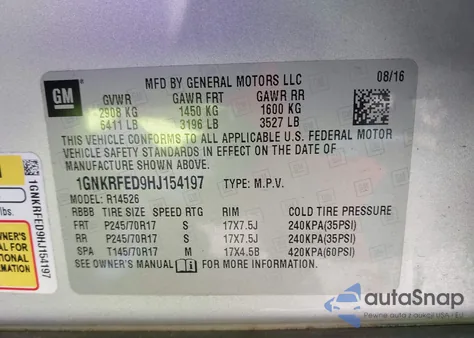 2017 Chevrolet Traverse Ls z USA, uszkodzony, nr VIN 1GNKRFED9HJ154197